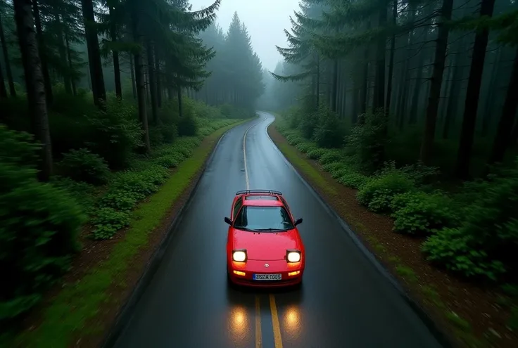 An overhead view looking down. 50 feet above. Drone POV. a winding road through a forest in Southeast Poland. rainy day. Carpathian mountains on backdrop. Driving on road is a red 1987 Toyota MR-2. stock alloy wheels. rectangular Pop up headlights open and...