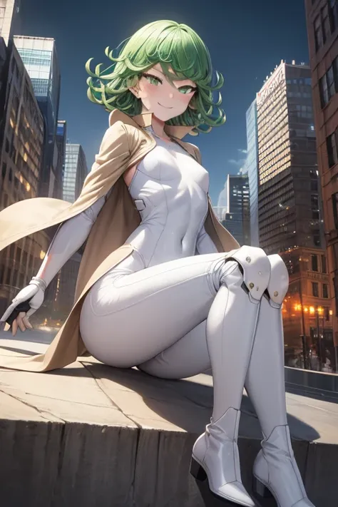 Masterpiece, best quality, ultra detailed, illustration, lighting epic, cinematic composition, 1 girl, Tatsumaki, short hair, green hair, very small breasts, green eyes, bright eyes, smiling, blushing, closed mouth, piercing gaze, full body, long beige tre...