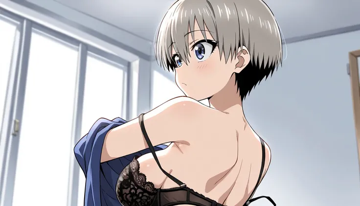 (Ultra high resolution, masterpiece,  anatomically correct,  best quality ) Uzaki Hana, grey hair, short hair, hair between eyes, looking away, good firm breasts, lace bra undressing, One strap slip , lace panty, nice body, beautiful butt, changing room 