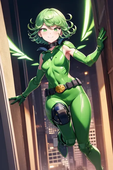 Masterpiece, best quality, ultra detailed, illustration, lighting epic, cinematic composition, 1 girl, Tatsumaki, short hair, green hair, very small breasts, green eyes, bright eyes, smiling, blushing, closed mouth, piercing gaze, full body, black collar, ...