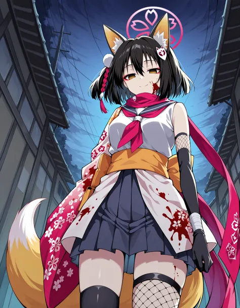 score_9, score_8_up, score_7_up, source_anime,
1 girl, solo, 
izuna kuda, yellow eyes, black hair, animal ears, animal ear fluff, medium hair, fox ears, halo, asymmetrical legwear, fishnets, fox hair ornament, fox tail, gloves, hair ornament, pleated skirt...