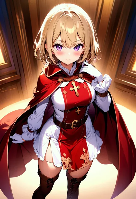 (masterpiece),(best quality),(ultra-detailed),(best illustration),(best shadow),(detailed background), 1girl, solo, blonde-hair, smile, thighhighs, purple-eyes, gloves, white-gloves, cape, dress, brown-footwear, side-slit, book, long-sleeves, short-hair, l...