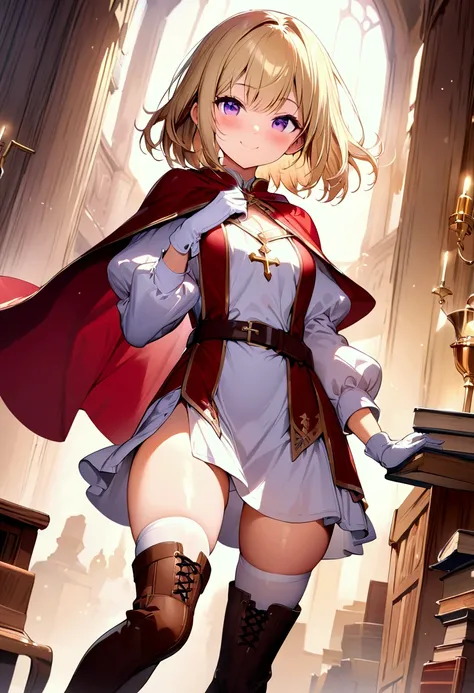 (masterpiece),(best quality),(ultra-detailed),(best illustration),(best shadow),(detailed background), 1girl, solo, blonde-hair, smile, thighhighs, purple-eyes, gloves, white-gloves, cape, dress, brown-footwear, side-slit, book, long-sleeves, short-hair, l...