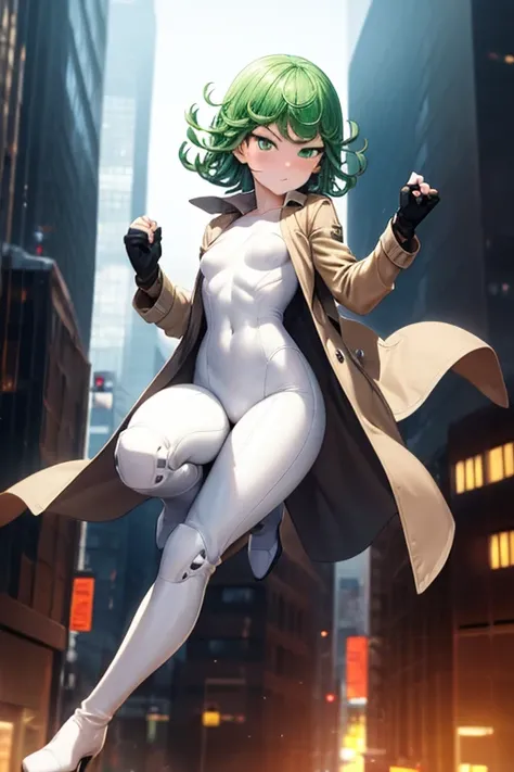 Masterpiece, best quality, ultra detailed, illustration, lighting epic, cinematic composition, 1 girl, Tatsumaki, short hair, green hair, small breasts, green eyes, bright eyes, blushing, closed mouth, full body, tall, long beige trench coat, open trench c...