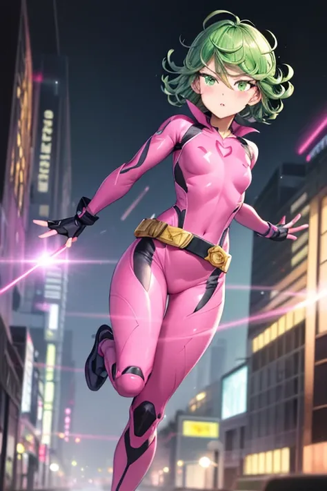 Masterpiece, best quality, ultra detailed, illustration, lighting epic, cinematic composition, 1 girl, Tatsumaki, short hair, green hair, very small breasts, green eyes, bright eyes, blushing, closed mouth, piercing gaze, full body, black collar, tall, sli...