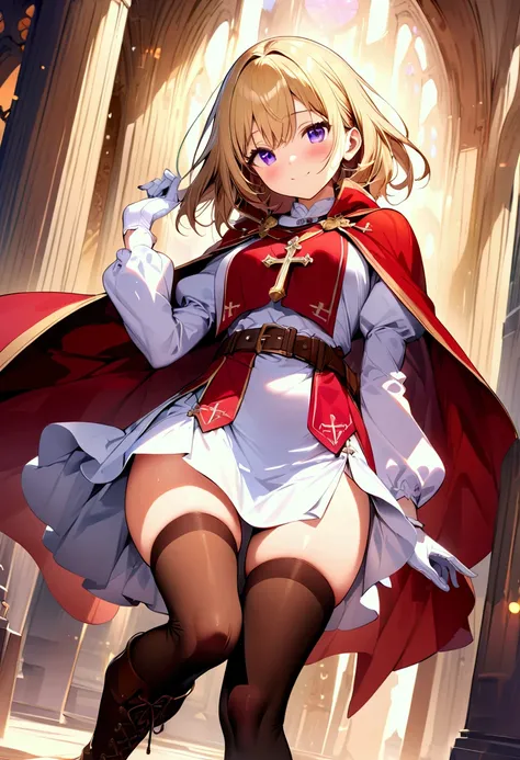 (masterpiece),(best quality),(ultra-detailed),(best illustration),(best shadow),(detailed background), 1girl, solo, blonde-hair, smile, thighhighs, purple-eyes, gloves, white-gloves, cape, dress, brown-footwear, side-slit, long-sleeves, short-hair, looking...