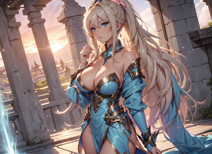 female, (((breasts))), cleavage, warrior, light blue metalic armour, very fine glowing ornate details on the armour, blonde pink gradient long messy wavy hair in a ponytail, thigh-high boots, looking into the distance, outside of an wooden fortress, in a t...