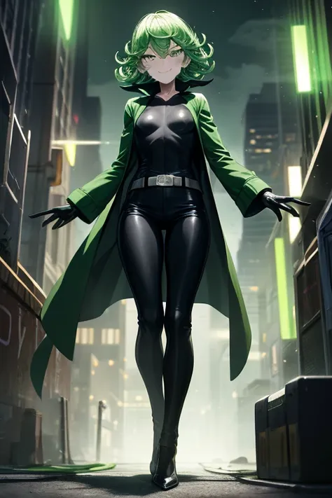 Masterpiece, best quality, ultra detailed, illustration, lighting epic, cinematic composition, 1 girl, Tatsumaki, short hair, green hair, very small breasts, green eyes, bright eyes, smiling, blushing, closed mouth, piercing gaze, full body, android, neck ...