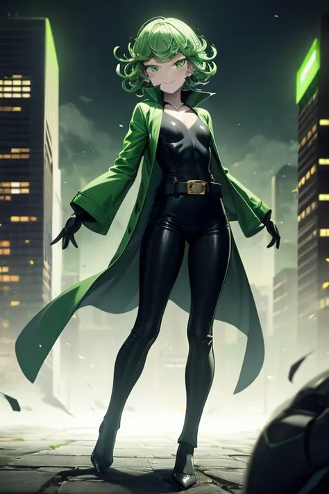 Masterpiece, best quality, ultra detailed, illustration, lighting epic, cinematic composition, 1 girl, Tatsumaki, short hair, green hair, very small breasts, green eyes, bright eyes, smiling, blushing, closed mouth, piercing gaze, full body, android, long ...