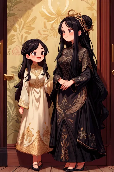 Masterpiece, best quality) 2 girls sisters black long hair, floral long formal dress, preaching a old womans, full body, smilling