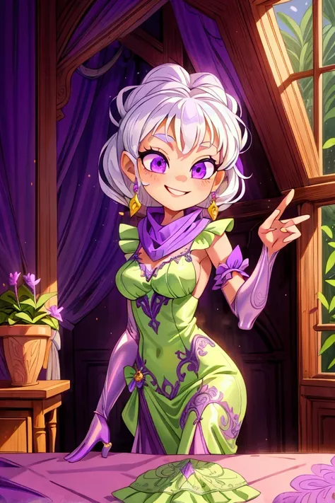 Masterpiece, best quality, 1 old woman, white hair, standing indoors with intricate details and sunlight. purple and green frilled long dress, scarf, purple metallic arm, sexy smiling, sexy pose, coquette, beautiful long legs, mature girl, gorgeous body.