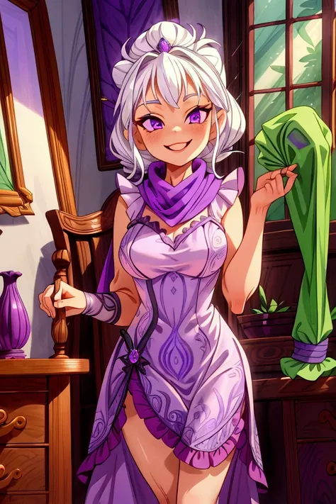 Masterpiece, best quality, 1 old woman, white hair, standing indoors with intricate details and sunlight. purple and green frilled long dress, scarf, purple metallic arm, sexy smiling, sexy pose, coquette, beautiful long legs, mature girl, gorgeous body.