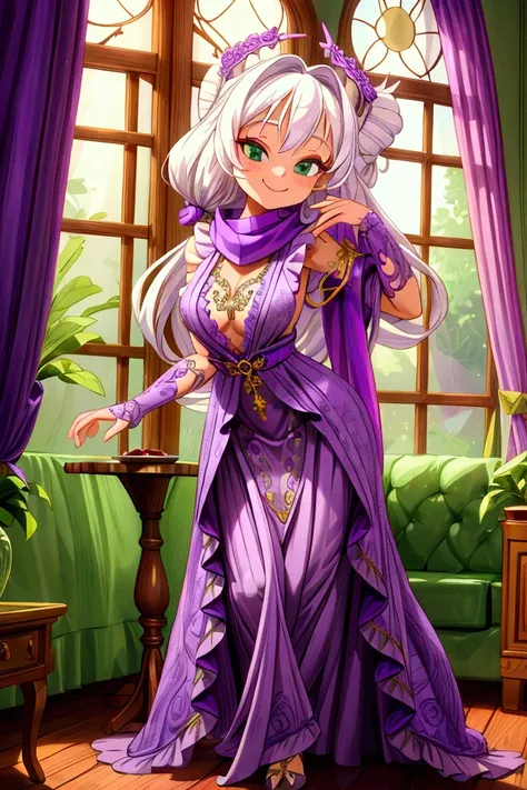 Masterpiece, best quality, 1 old woman, white hair, standing indoors with intricate details and sunlight. purple and green frilled long dress, scarf, purple metallic arm, sexy smiling, sexy pose, coquette, beautiful long legs, mature girl, gorgeous body.