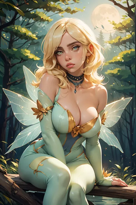 , yellow eyes, blonde hair, FairyOutfit, hair down, big beautiful fairy wings wings, l, glittery clothes, big breasts, huge cleavage, sparkling clothing, looking at viewer, serious, parted lips, sitting, outside, forest, natural lighting, high quality, mas...