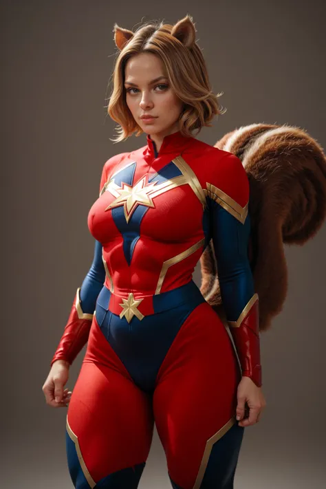 squirrel girl, squirrel ears, thick thighs, squirrel tail, captain marvel outfit