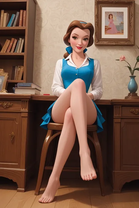 PonyXLV6_Scores ,source_anime, masterpiece,best quality, highly detailed, full body view,BREAK Belle,1girl, porcelain doll, solo, brown hair, brown eyes, naughty face, small-medium beautiful feet, blue bow, ponytail, ((Belle Disney 3D render)), (Belle wear...