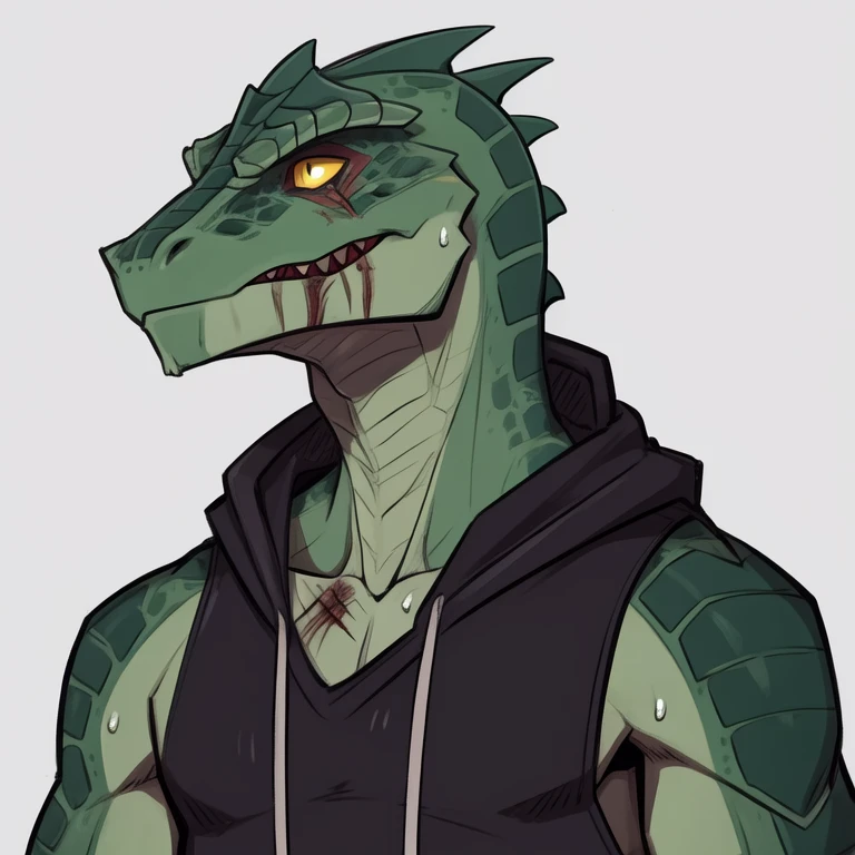 
flat color, profesional concept art, detail, lizard guy, furry, handsome, green scales, black sleeveless hoodie, sweat, suggestive, wounded, zombie, tattered clothes