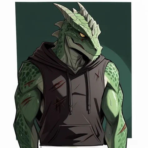 
flat color, profesional concept art, detail, lizard guy, furry, handsome, green scales, black sleeveless hoodie, sweat, wounded, undead, tattered clothes, dirty clothes