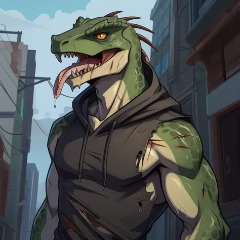 
flat color, profesional concept art, detail, lizard guy, furry, handsome, green scales, black sleeveless hoodie, sweat, suggestive, wounded, zombie, dirty clothes, ripped clothing, savila, tongue out