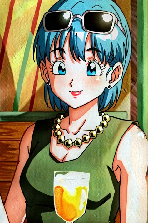 ((extremely detailed CG unity 4k wallpaper)),(masterpiece),(ultra quality),(ultra-detailed),(best illustration),(best shadow),(Extremely Detailed),(absurdres),(detailed background), Bulma, 1girl, solo, blue hair, blue eyes, jewelry, earrings, eyewear on he...