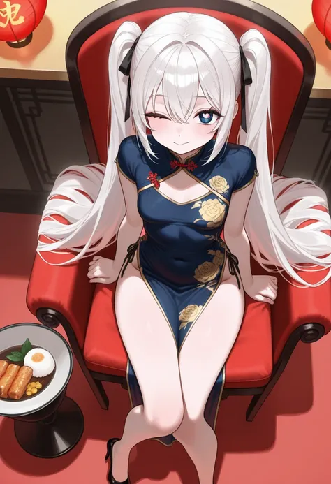 masterpiece,  best quality , 8k,  RAW photo、 small breasts 、Heart-shaped light in the eye、White Hair、proud expression 、 winking、 twin tails、Girls touch hair 、 with arms crossed 、At a Chinese restaurant、 sitting on a round chair、 Legged 、 Thin Thighs、 black...