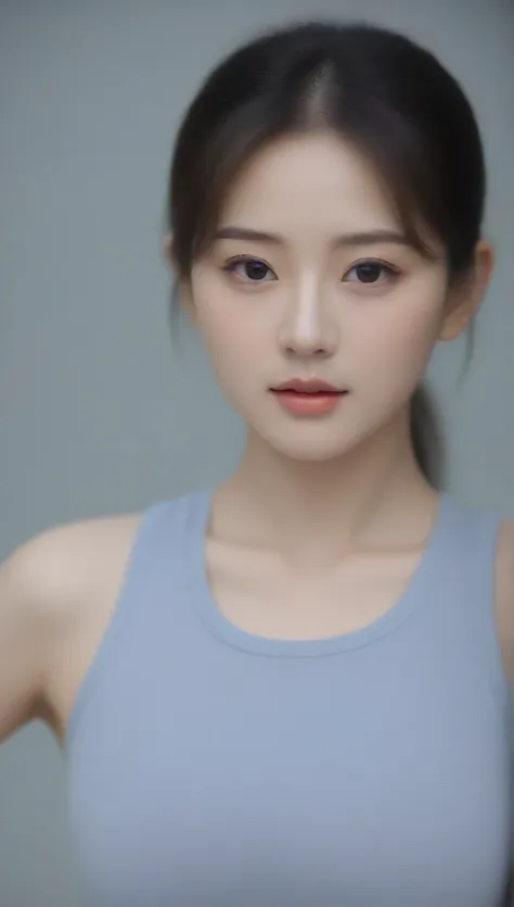 Close-up shot of a very beautiful Korean girl,  bust size 34 inches ,  wearing sportswear ,  blurred background, Movie scene, UHD 