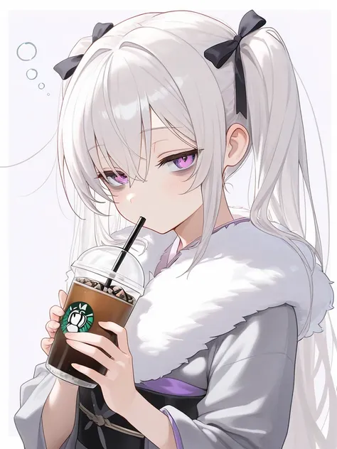 1girl, white hair, very long hair, twintails, purple eyes, looking at viewer, sleepy, bags under eyes, (fur-trimmed kimono, frills, hair ribbon), iced coffee, holding, drinking straw in mouth, dynamic angle,, (masterpiece, best quality, extremely detailed)...