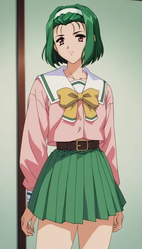 Kondo Nagisa、 green hair、 bob cut、 Hair Band 、Serafuku、 pink shirt、belt、 pleated skirt、 green skirt 、 green panties 、Loafers、