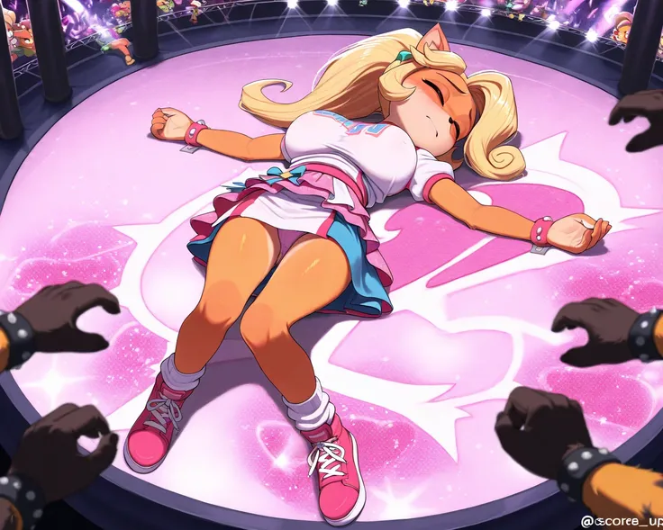 Coco bandicot, furry ,panty shot, big boobs, Idol clothes, full body, concert, shy, knoked down, Unconscious, captured