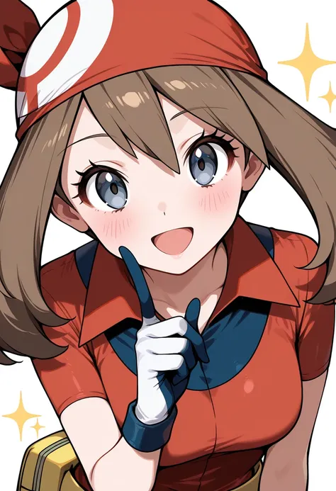 1girl, may (pokemon), sparkle, brown hair, open mouth, :d, breasts, blush, eyelashes, index finger raised, grey eyes, blue eyes, bandana, gloves, short sleeves, shirt, collared shirt, looking at viewer, solo, upper body, white background, smile, yellow bag...