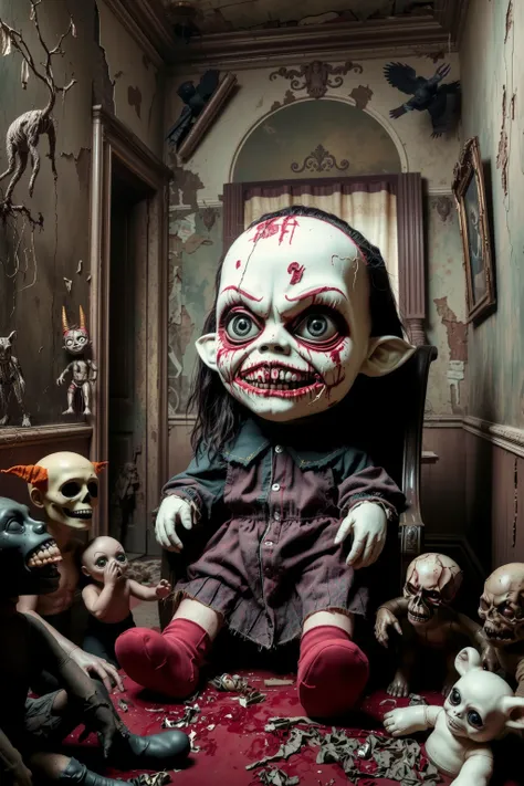 Dilapidated Bedroom. Walls falling apart. Filthy Toys. One large sad, creepy, morbid, disgusting, macabre doll sitting in a chair. Patches of dark hair on head. Torn, dirty fabric, coming apart at the seams. Terrified smaller stuffed animals look around wi...