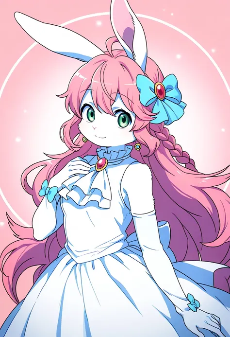 1girl, (furry, kemono:1.4), rabbit girl, animal nose, rabbit ears, green eyes, pink hair, long hair, braid, ahoge, very long hair, gloves, elbow gloves, white dress, dress, hair bow, ascot, earrings, brooch, sleeveless, sleeveless dress, looking at viewer,...