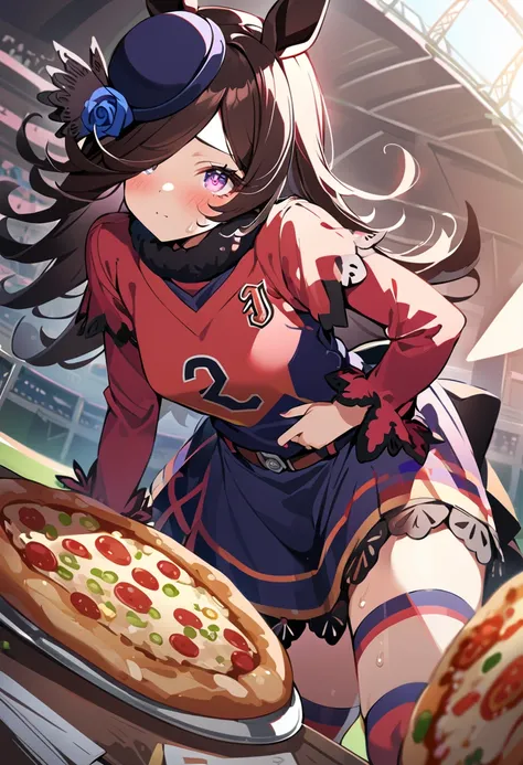 1girl,(rice\shower\(umamusume\):1.3),masterpiece,best quality,highly detailed,(beautiful detailed eyes:1.2),vivid colors, (blight colors),(add_detail:1.1),tigers uniform,in burning baseball stadium,(pizza)
