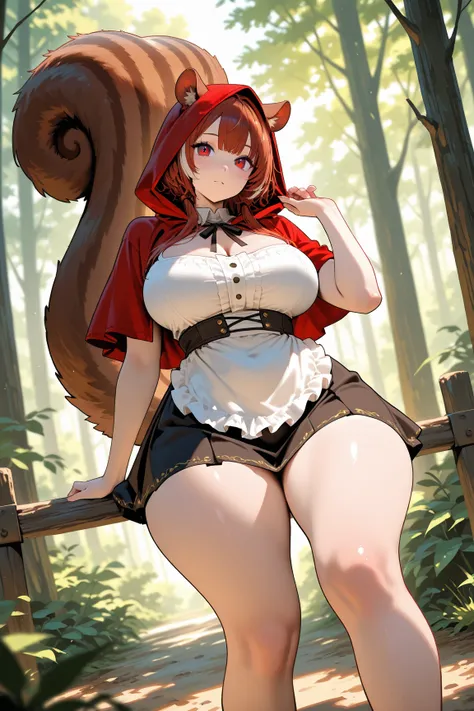 squirrel girl, squirrel ears, thick thighs, squirrel tail, forest, red riding hood