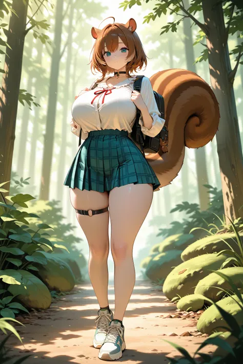 squirrel girl, squirrel ears, thick thighs, squirrel tail, big breasts, forest, plaid skirt, blouse, garters, choker, sneakers, backpack