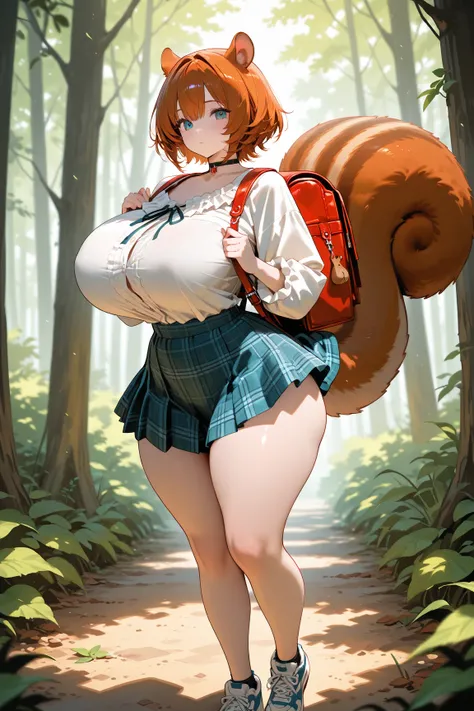 squirrel girl, squirrel ears, thick thighs, squirrel tail, big breasts, forest, plaid skirt, blouse, garters, choker, sneakers, backpack