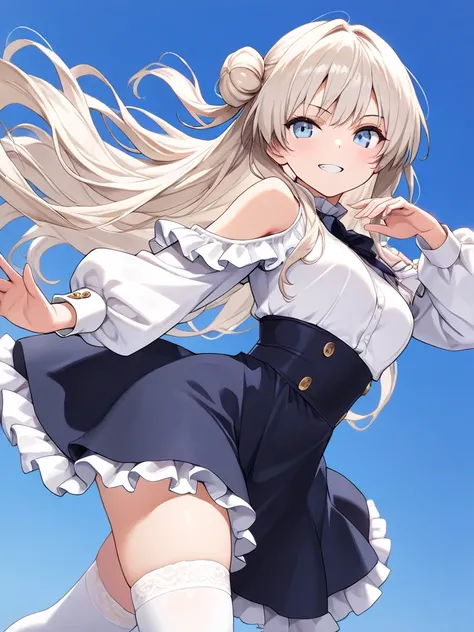 ((masterpiece, best quality, ultra-detailed character)), 1girl, platinum blonde hair, very long hair, single side bun, light blue eyes, white shirt, frills, shoulder cutout, dark blue high-waist skirt, frilled skirt, white thighhighs, grin, dynamic pose, d...