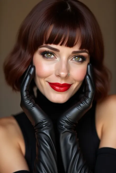 long tight smooth black leather gloves. sharply outlined bright red satin lips. powdered face foundation. rouge blush. pencol thin arched eyebrows. dark  auburn bob style wig with bangs. warm smile.