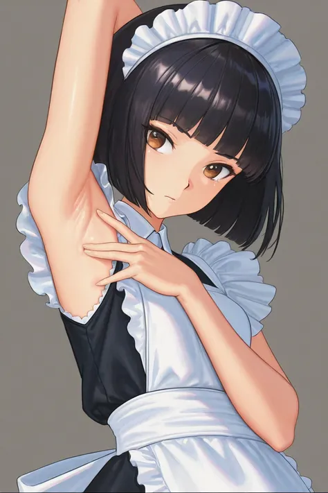 (masterprice, HD, 2k, High Resolution) 1girl, bob cut, black hair, brown eyes, white appron, maid, short sleeveless, arm up, side armpits, zoom armpits, very detailed armpits, armpit crease, armpits detailed, detailed skin, anime art, Anime Style, Anime, S...