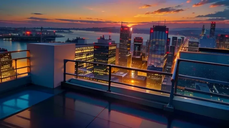 Sunset view  of a city from a balcony with a balcony railing, Sunset view , 8K Yen.  Filled with Views , sundown,  the most beautiful sunset , Real Sunset , sundown刻, City Sunset, As the sun sets, beautiful sunrise light,  timelapse,  City view at dusk , D...