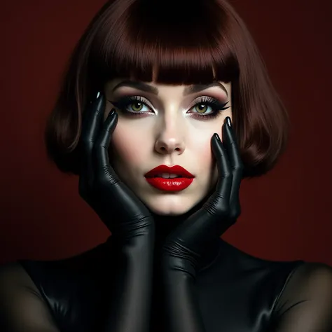 long tight smooth black satin gloves. sharply outlined thin bright red flat sheen lips. powdered face foundation. rouge blush. heavy black winged eyeliner.  pencill thin arched eyebrows. dark auburn bob style wig with bangs. dark soarkling eyes. pale skin....