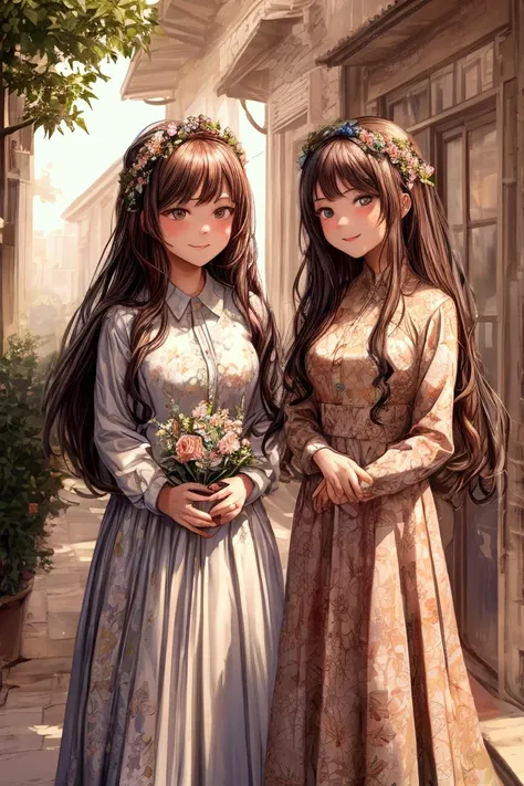 Masterpiece, best quality) 2 girls friends long hair, floral long formal dress, Jehovah´s Witnesses, outdoors, preaching in houses, full body, smilling