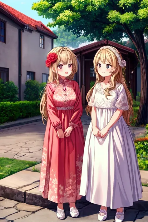 Masterpiece, best quality) 2 girls friends long hair, floral long formal dress, Jehovah´s Witnesses, outdoors, preaching in houses, full body, smilling