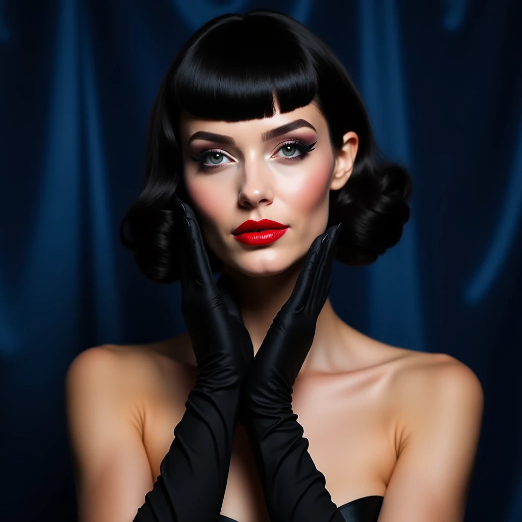 long tight smooth black satin gloves. sharply outlined thin bright red flat sheen lips. powdered face foundation. rouge blush. (heavy black winged eyeliner:1.6).  pencill thin arched eyebrows. black short bob style wig with bangs. perfectly brushed. black ...