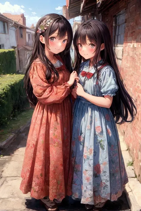 Masterpiece, best quality) 2 girls friends long hair, floral long formal dress, Jehovah´s Witnesses, outdoors, preaching in houses, full body, smilling