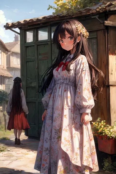 Masterpiece, best quality) 2 girls friends long hair, floral long formal dress, Jehovah´s Witnesses, outdoors, preaching in houses, full body, smilling