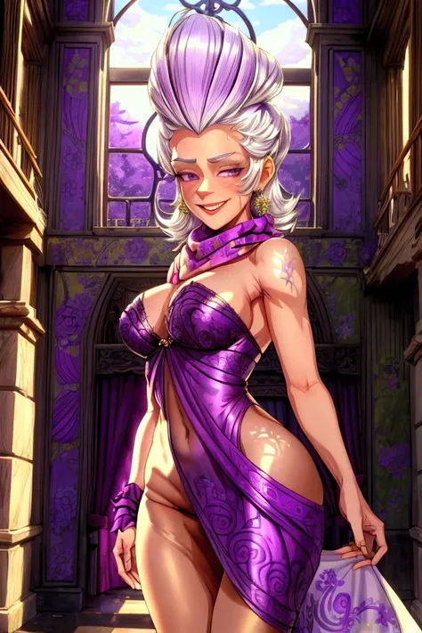 Masterpiece, best quality, 1 old woman, white hair, standing indoors with intricate details and sunlight. purple and green frilled long dress, scarf, purple metallic arm, sexy smiling, sexy pose, coquette, beautiful long legs, mature girl, gorgeous body.