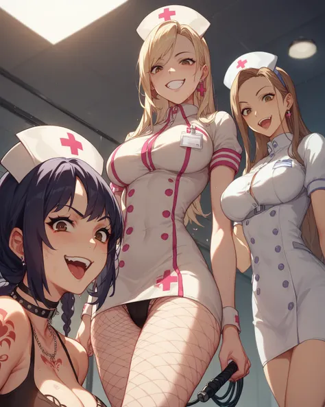 The background is a dark basement made of bricks 、3 women in their 20s with big breasts 、 Brown Eyes  、Yakumo Beni,  They are wearing nurse uniforms、fishnet tights, They have long whip in their hands、composition showing the floor from the ceiling 、cute ani...