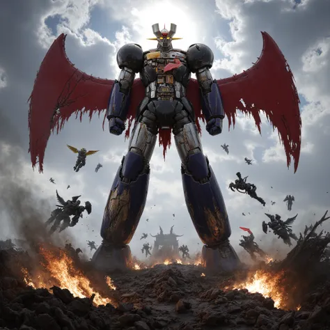  very realistic version of the modified Mazinger Z ,    is in a battle pose while leaning forward at 100 meters high　Surrounded by multiple giant enemy robots, you can see machines and electronic parts while armor is being destroyed and damaged　Left arm de...