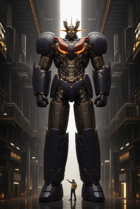  a very realistic giant version of Mazinger Z ,  Standing in a forward position at a height of 100 meters .  reactor equipment production line constructed with modern materials such as steel ,  Carbon Fiber ,  other industrial elements are also visible ,  ...